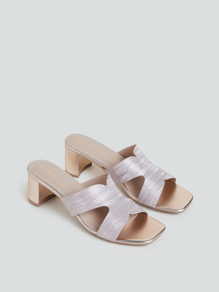 LUNA BLU Rose Gold Shimmer Block Heel Sandals